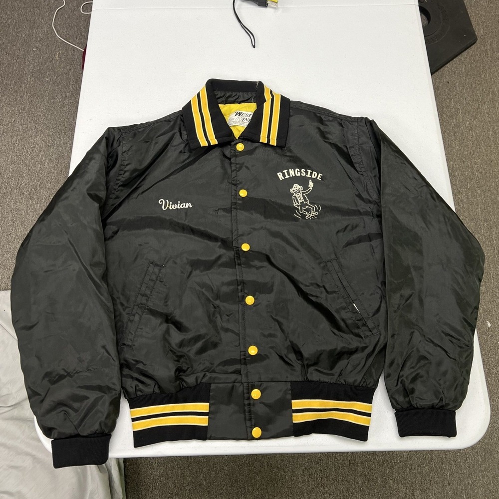 West Wind Bomber Jacket Mens Medium Black Yellow Ringside Vivian Vintage Snap